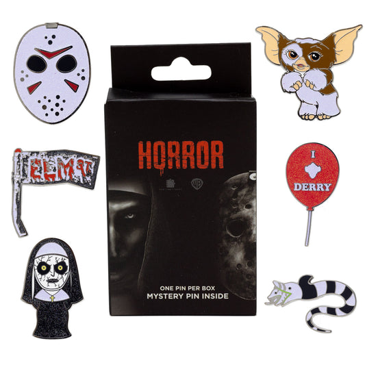 Warner Bros. Horror Movies Mystery Enamel Pin Blind Box Series, Gizmo, Sandworm, IT's Balloon, Jason's Hockey Mask, A Nightmare on Elm Street Sign, or The Nun