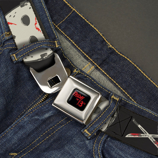 FRIDAY THE 13TH Title Logo Full Color Black/Red Seatbelt Belt - Friday the 13th JASON VOORHEES Script and Hockey Mask Black Webbing