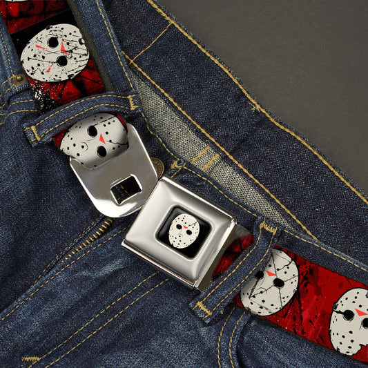 Friday the 13th Hockey Mask Icon Full Color Black Seatbelt Belt - Friday the 13th Hockey Mask Icons Reds Webbing