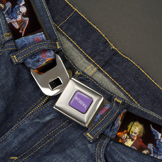BEETLEJUICE Text Logo Full Color Purple/White Seatbelt Belt - Beetlejuice Graveyard Gargoyle Pose Black Webbing