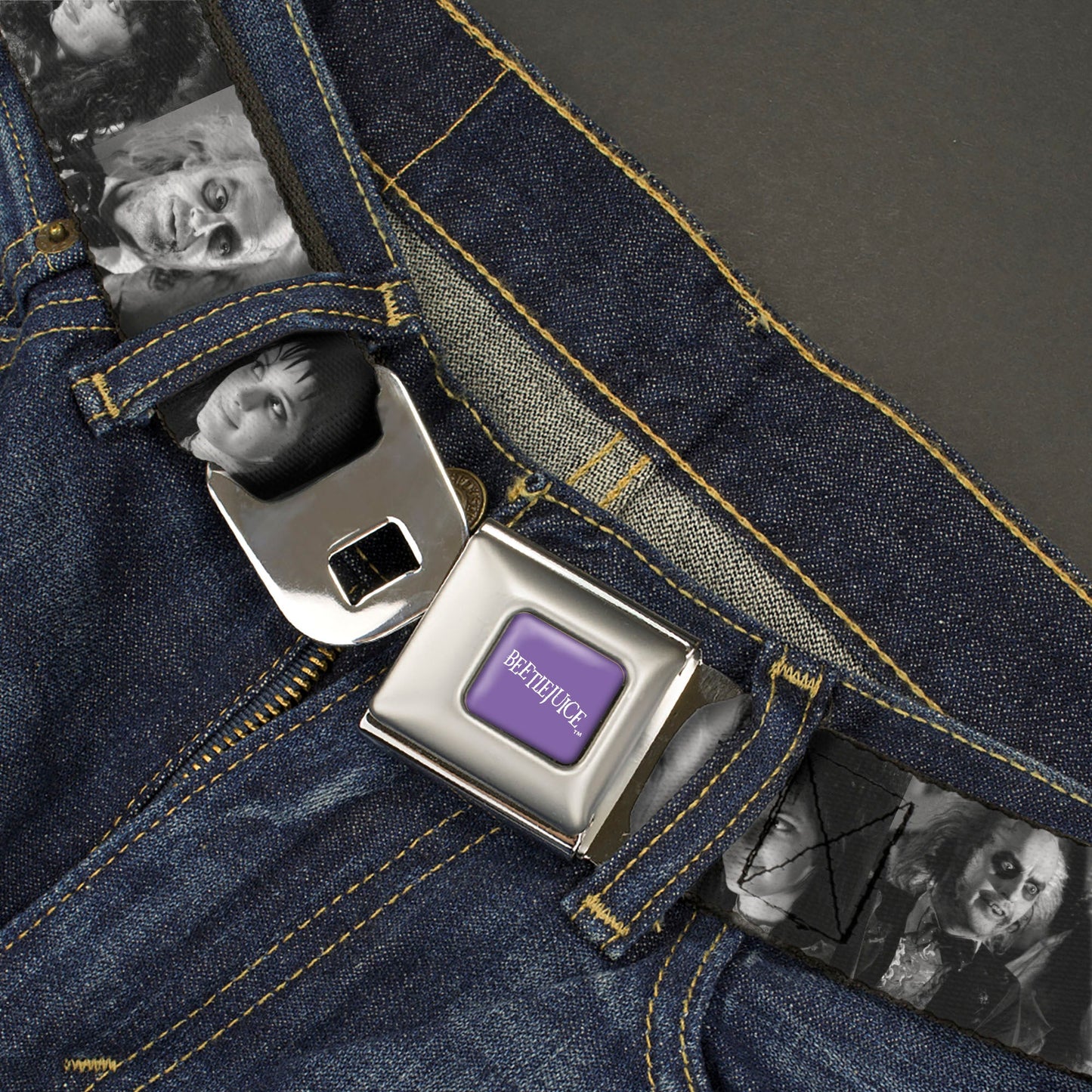 BEETLEJUICE Text Logo Full Color Purple/White Seatbelt Belt - Beetlejuice Character Face Blocks Black/White Webbing
