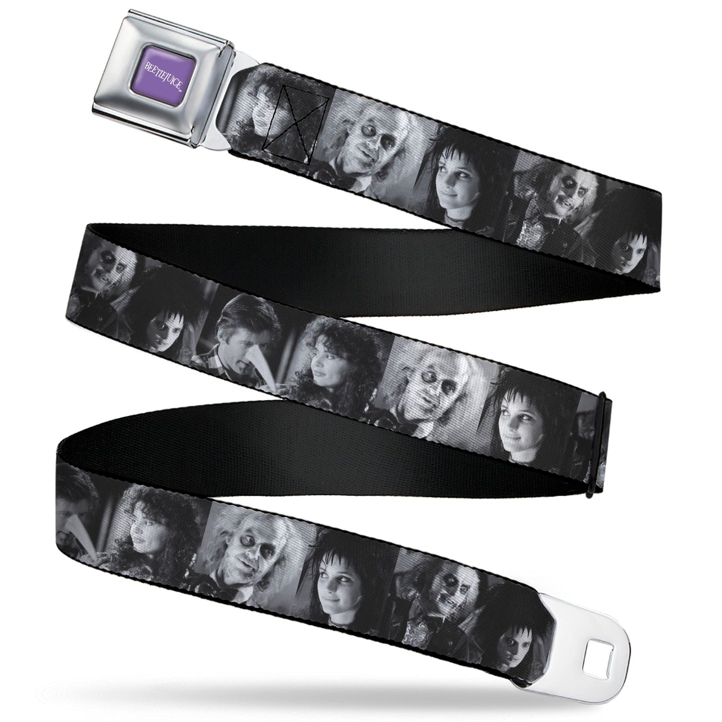 BEETLEJUICE Text Logo Full Color Purple/White Seatbelt Belt - Beetlejuice Character Face Blocks Black/White Webbing