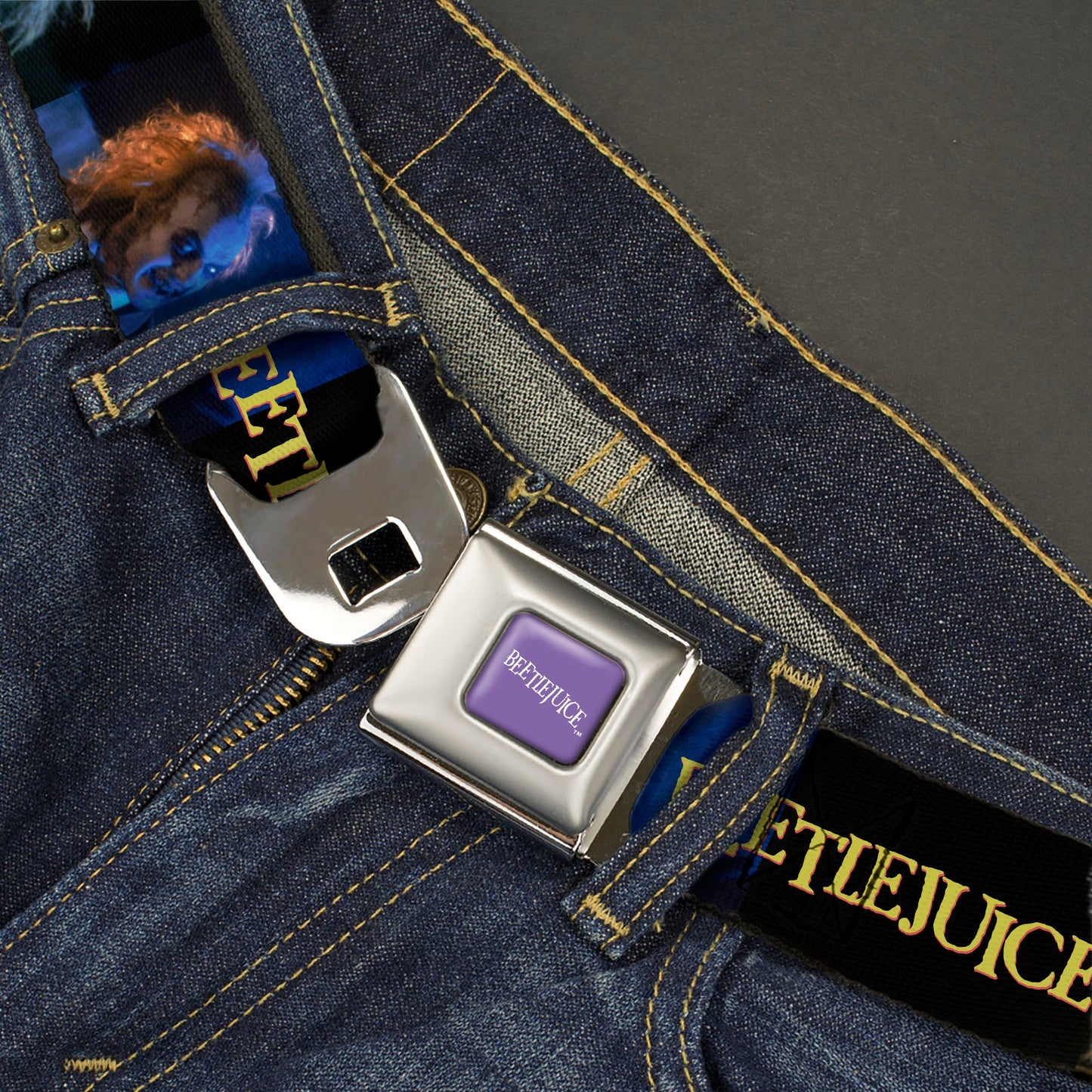 BEETLEJUICE Text Logo Full Color Purple/White Seatbelt Belt - BEETLEJUICE Title Logo and Expressions Black Webbing