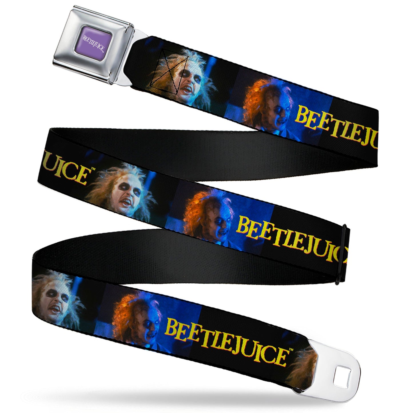 BEETLEJUICE Text Logo Full Color Purple/White Seatbelt Belt - BEETLEJUICE Title Logo and Expressions Black Webbing