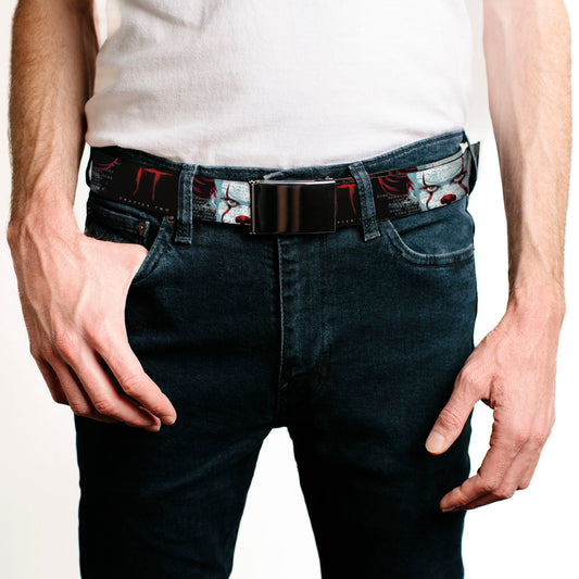 Black Buckle Web Belt - IT CHAPTER TWO Pennywise Face CLOSE-UP Black/Red/Blues Webbing