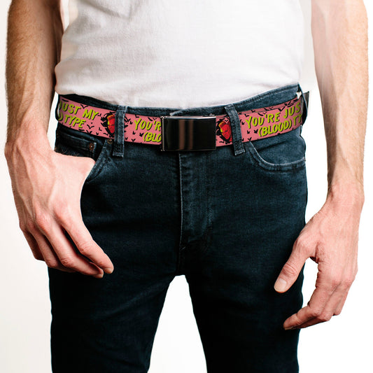 Web Belt Blank Black Buckle - The Lost Boys David Heart Icon YOU'RE JUST MY (BLOOD) TYPE Pink/Yellow Webbing