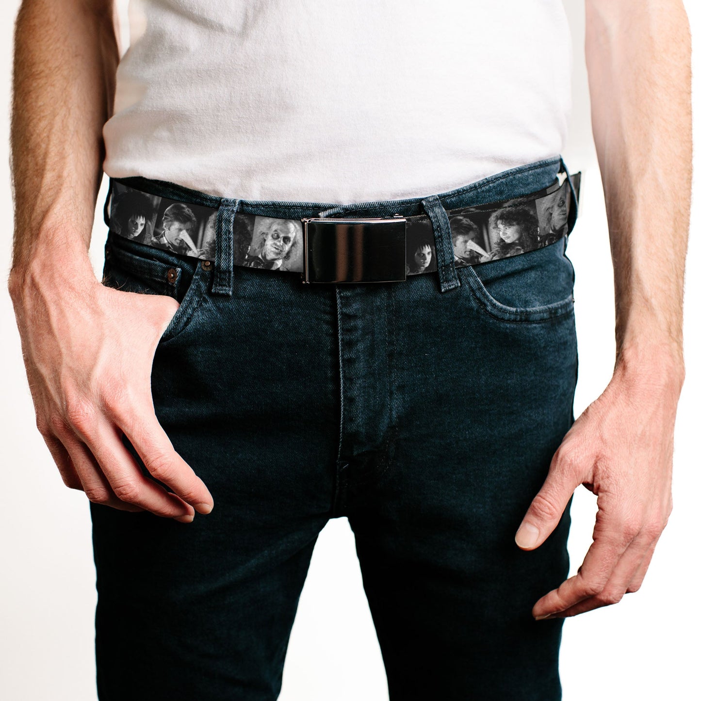 Web Belt Blank Black Buckle - Beetlejuice Character Face Blocks Black/White Webbing