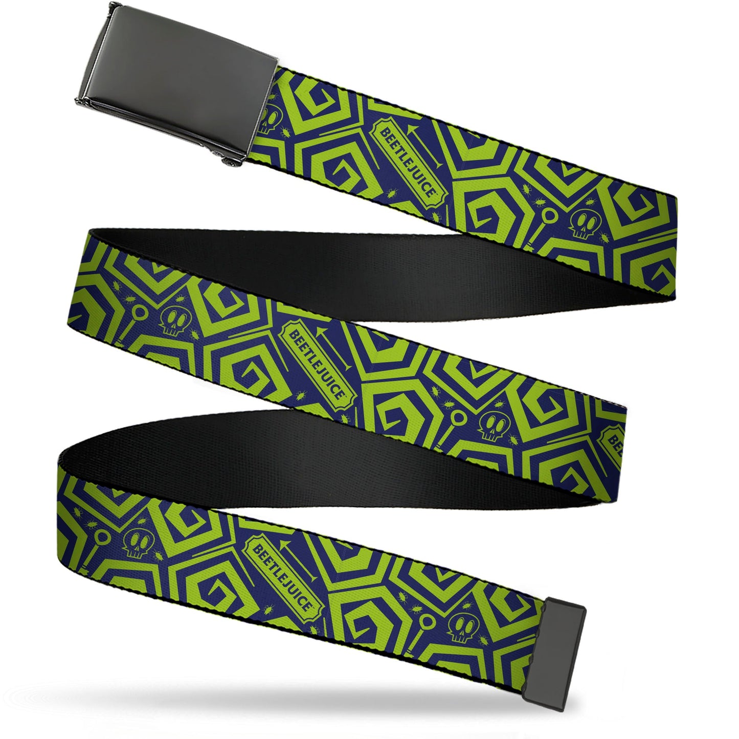 Web Belt Blank Black Buckle - Beetlejuice Title and Icons Collage Blue/Green Webbing