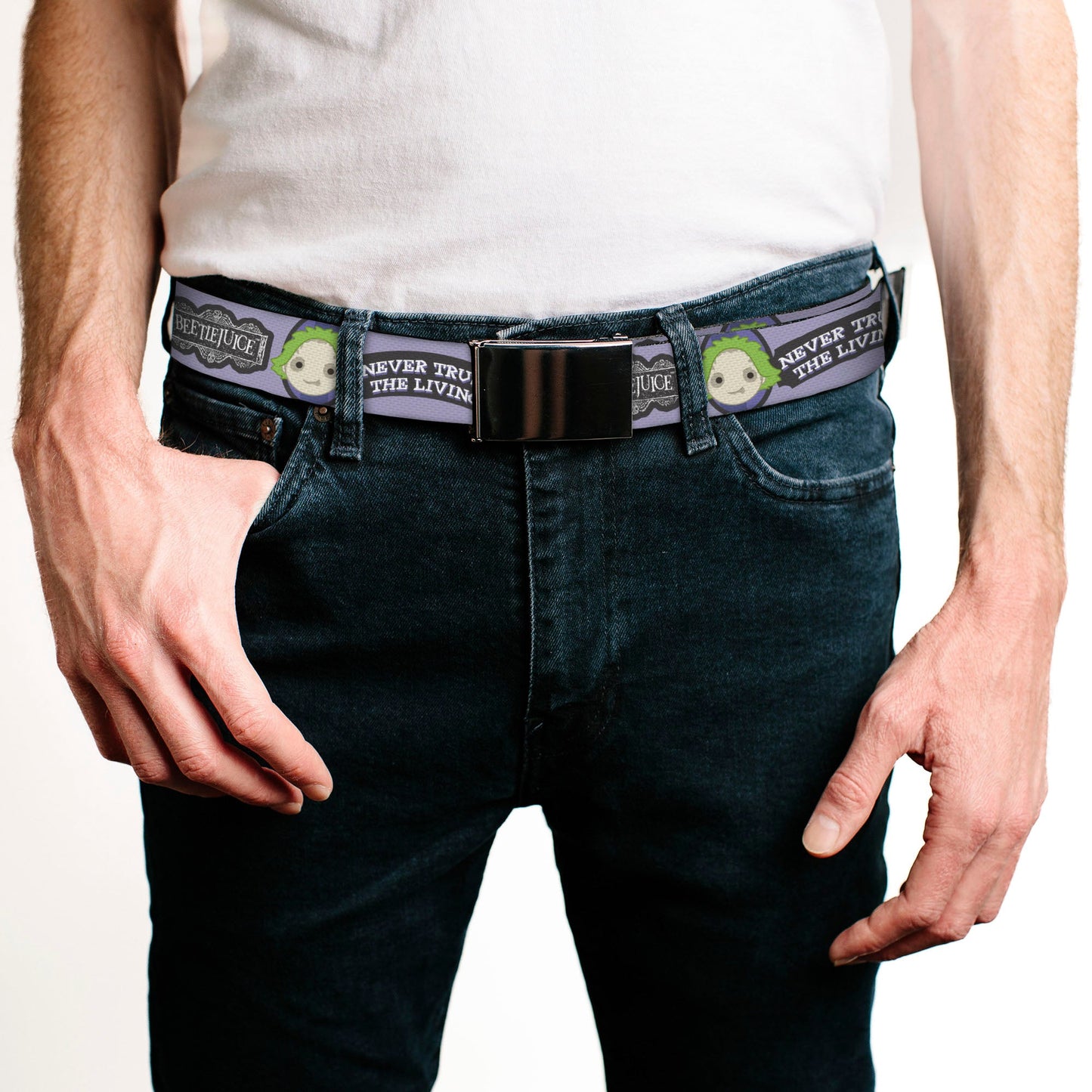 Web Belt Blank Black Buckle - BEETLEJUICE Chibi Beetlejuice and Lydia NEVER TRUST THE LIVING Gray Webbing