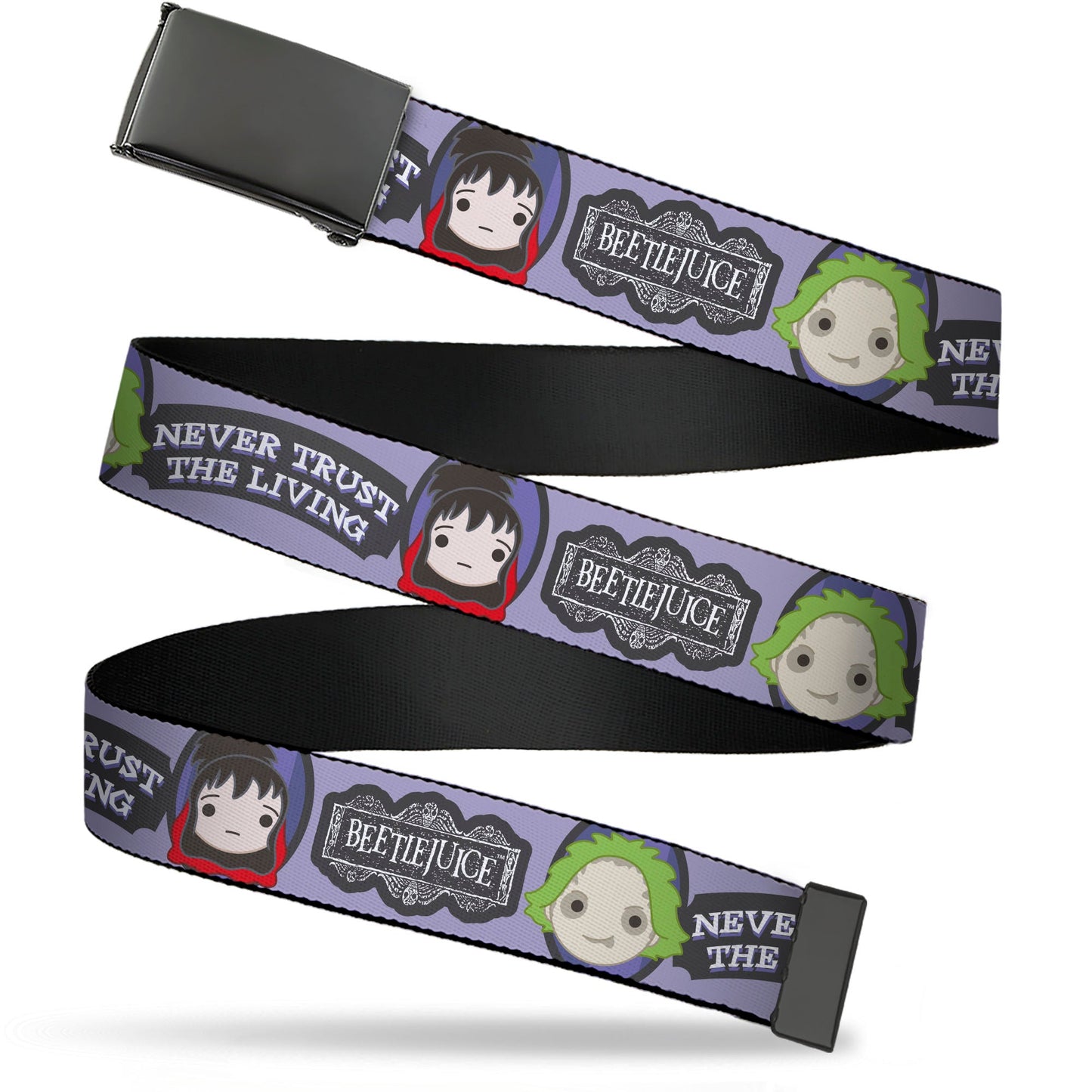 Web Belt Blank Black Buckle - BEETLEJUICE Chibi Beetlejuice and Lydia NEVER TRUST THE LIVING Gray Webbing