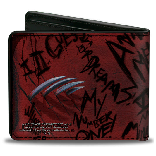Bi-Fold Wallet - Freddy Pose2 + Hand Scratching Quote Scrawls Reds Black