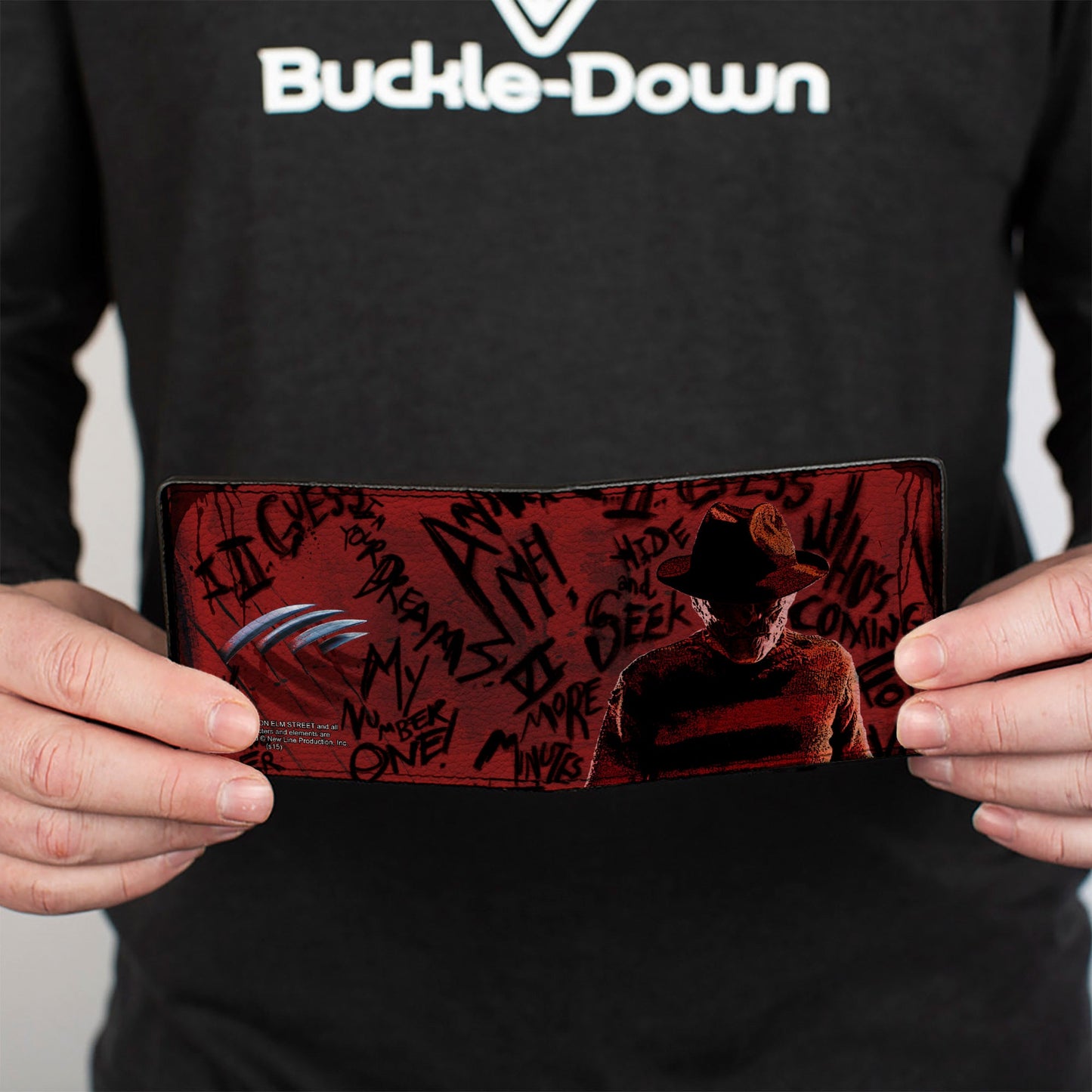 Bi-Fold Wallet - Freddy Pose2 + Hand Scratching Quote Scrawls Reds Black