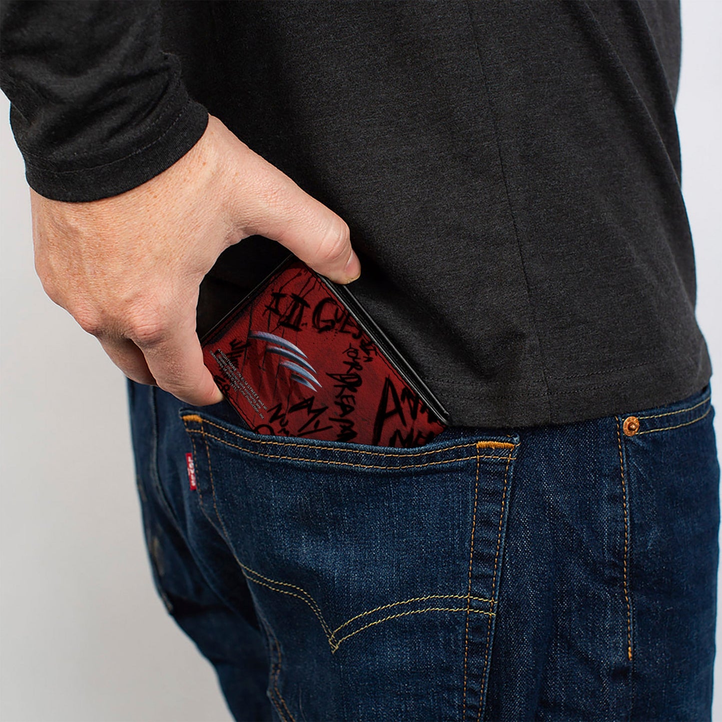 Bi-Fold Wallet - Freddy Pose2 + Hand Scratching Quote Scrawls Reds Black