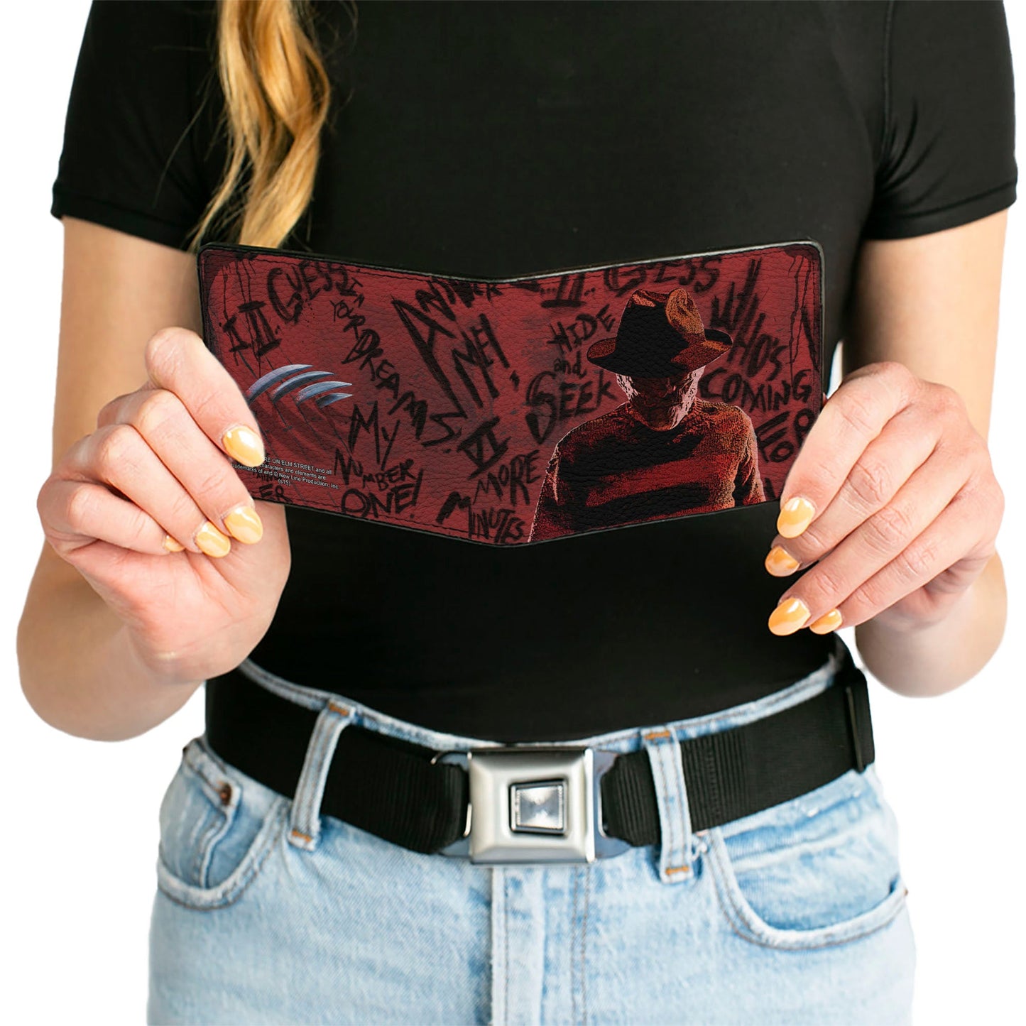 Bi-Fold Wallet - Freddy Pose2 + Hand Scratching Quote Scrawls Reds Black