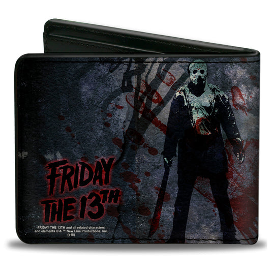 Bi-Fold Wallet - FRIDAY THE 13th Logo Jason Machete Pose Blood Splatter Grays Reds Black
