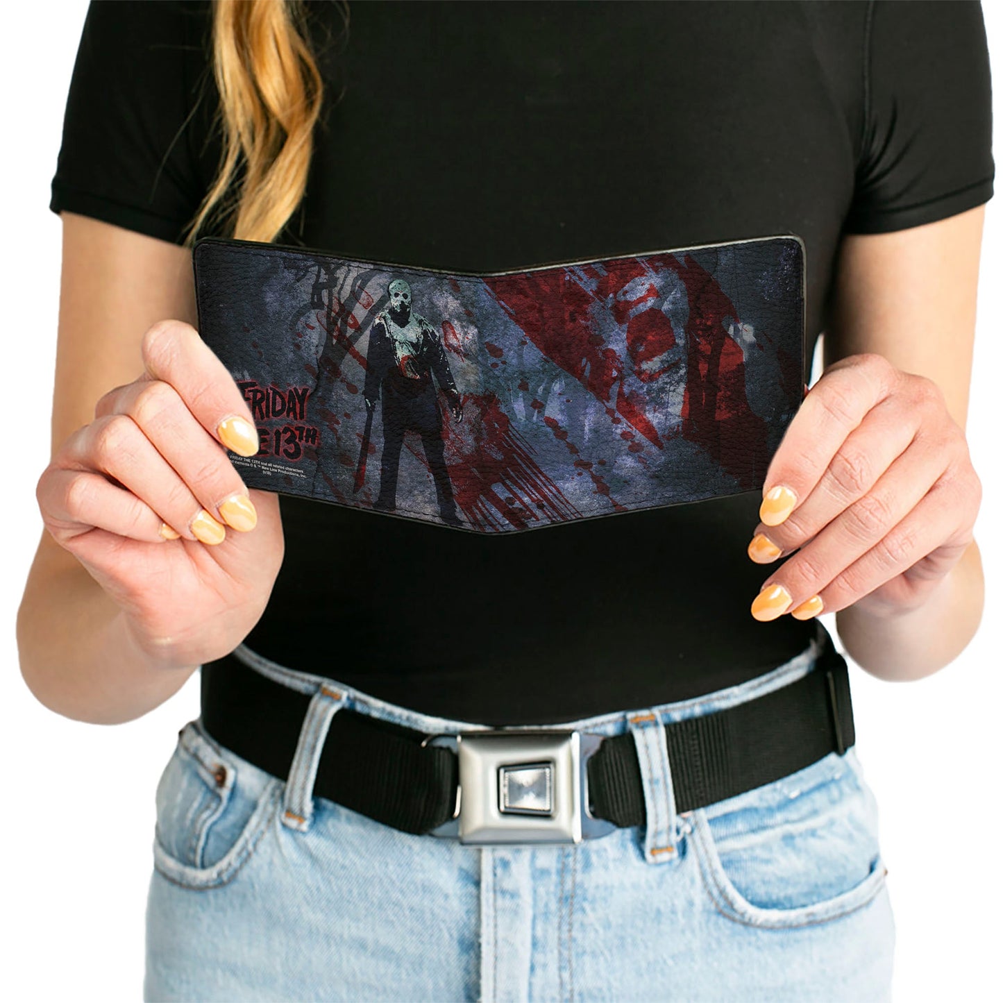 Bi-Fold Wallet - FRIDAY THE 13th Logo Jason Machete Pose Blood Splatter Grays Reds Black