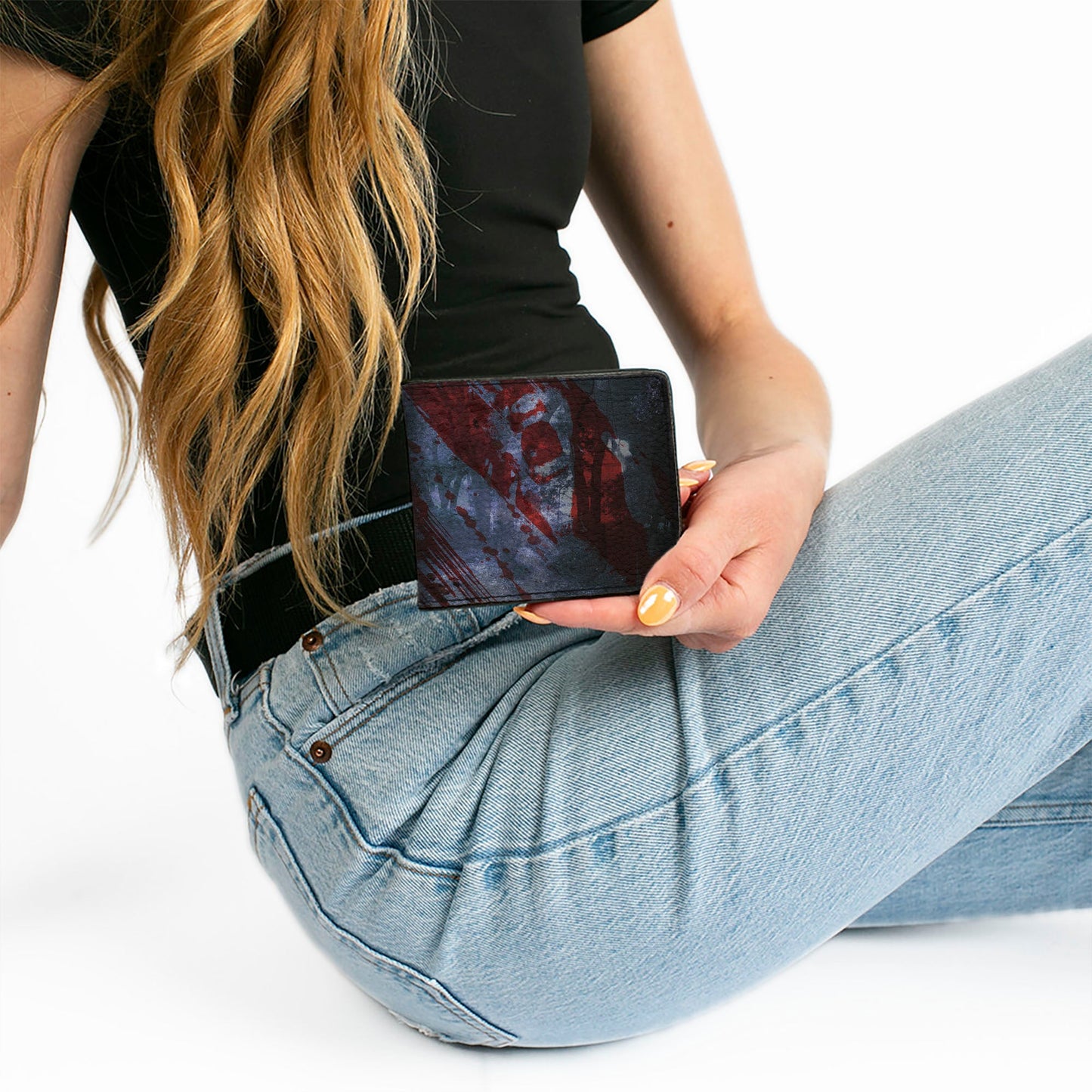 Bi-Fold Wallet - FRIDAY THE 13th Logo Jason Machete Pose Blood Splatter Grays Reds Black