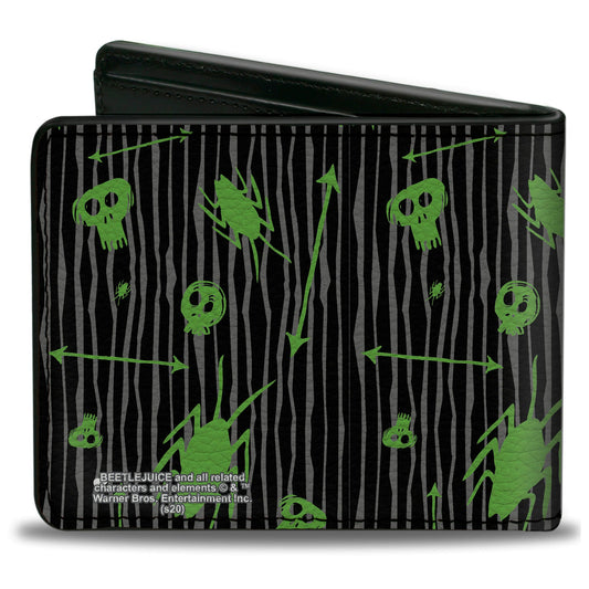Bi-Fold Wallet - BEETLEJUICE Roach Skull Doodles Collage Black Gray Green Purple