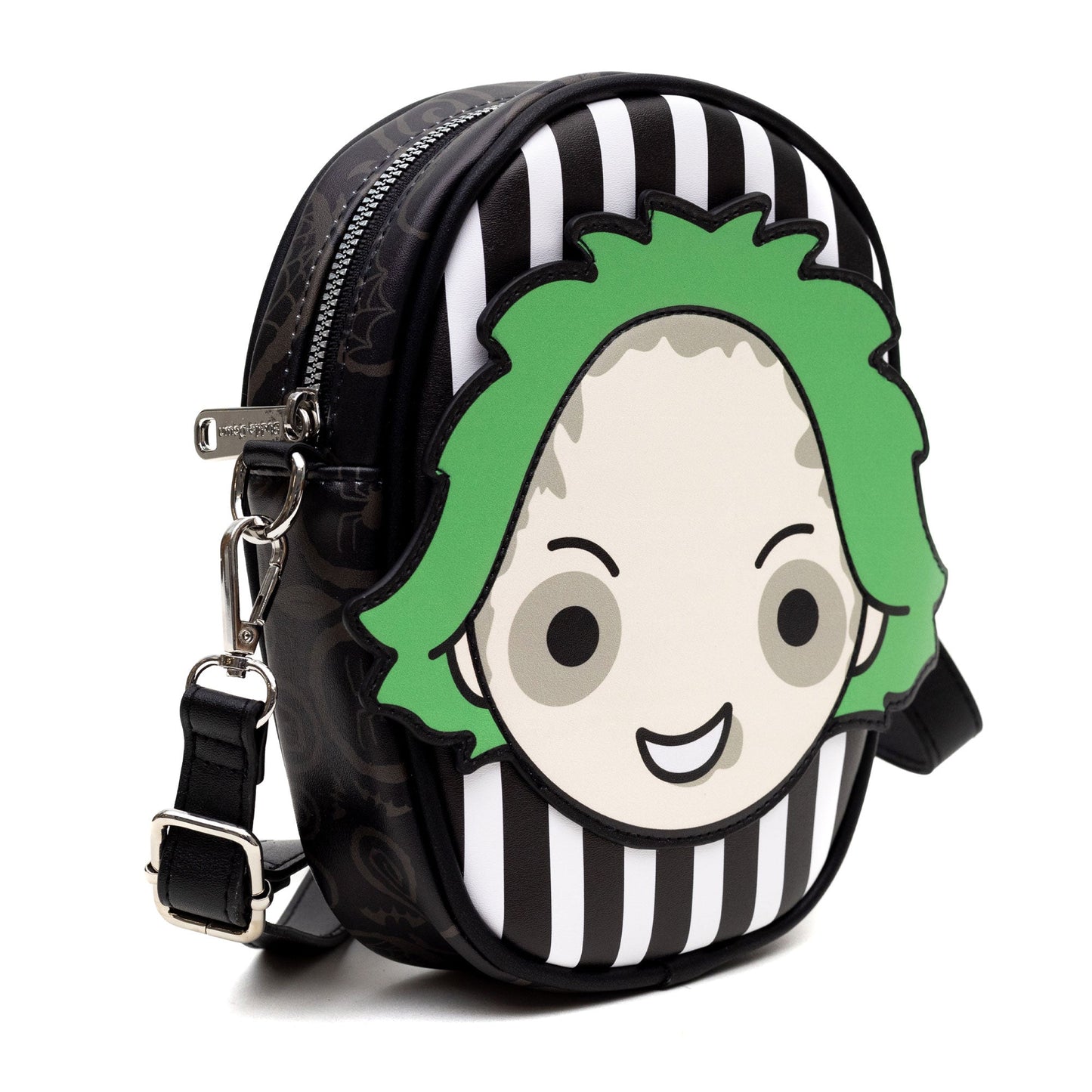 Horror Movies Vegan Leather Cross Body Bag with Adjustable Strap, Beetlejuice Smiling Chibi Face Applique, Stripe Black White, 7" x 8"