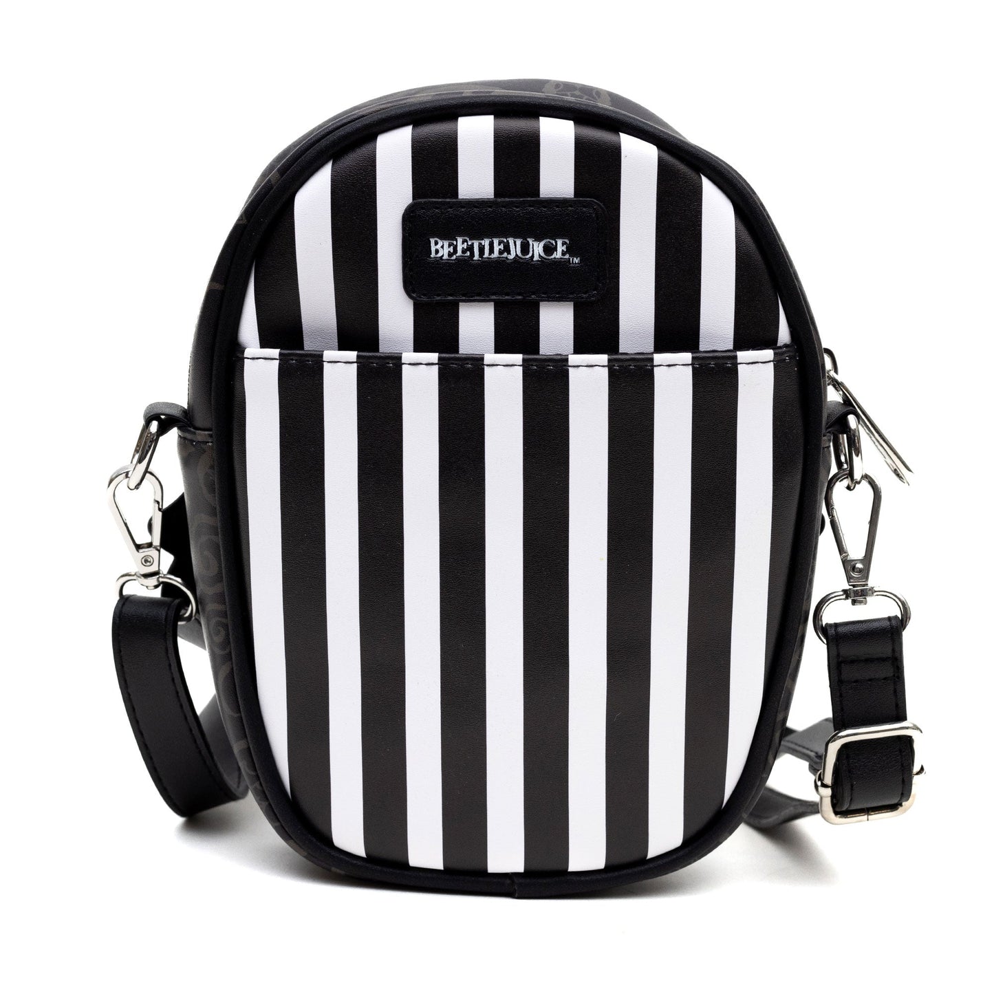 Horror Movies Vegan Leather Cross Body Bag with Adjustable Strap, Beetlejuice Smiling Chibi Face Applique, Stripe Black White, 7" x 8"