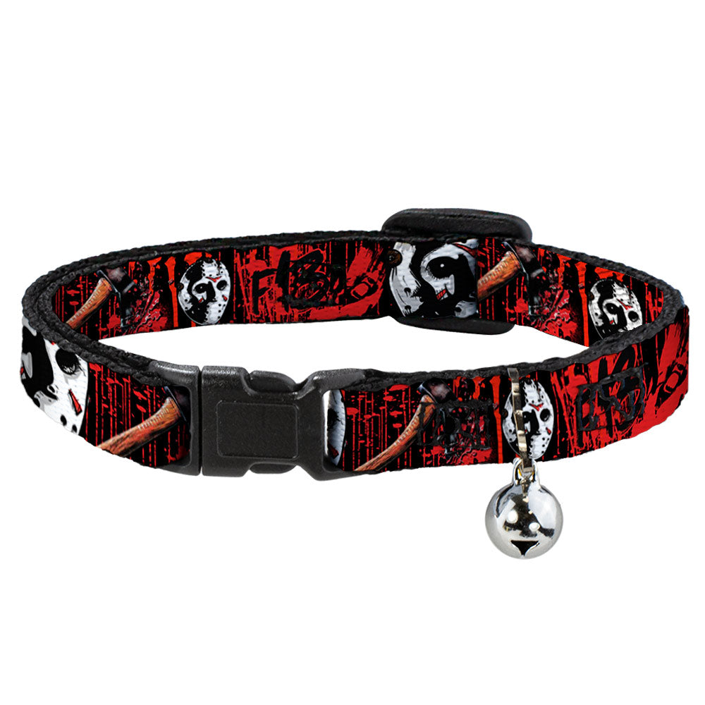 Cat Collar Breakaway - FRIDAY THE 13th Jason Mask4 Axe Blood Splatter Black Red White