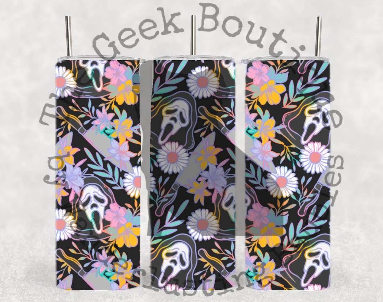 Bright & Black Floral Scream Ghost Face Horror Movie Tumbler