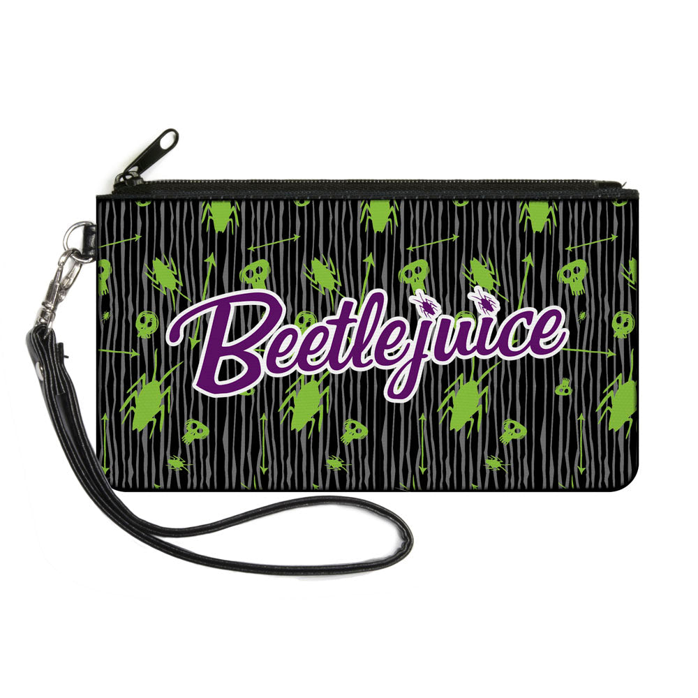 Canvas Zipper Wallet - SMALL - BEETLEJUICE Roach Skull Doodles Collage Black Gray Green Purple
