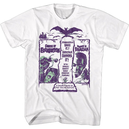 Hammer Horror Double Creature Feature Dracula Frankenstein White T-Shirt