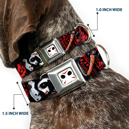 Jason Mask CLOSE-UP Full Color Black/White/Red Seatbelt Buckle Collar - FRIDAY THE 13th/Jason Mask4/Axe Blood Splatter Black/Red/White