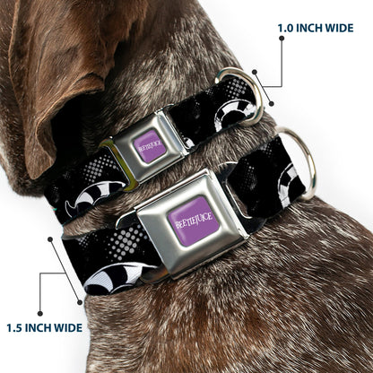 BEETLEJUICE Text Logo Full Color Purple/White Seatbelt Buckle Collar - Beetlejuice Sandworm Healftone Repeat Black/Gray