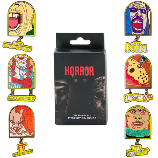 Warner Horror Movie Title Logos Mystery Enamel Pin Blind Box Series, IT Chapter Two, Friday the 13th, The Lost Boys, The Nun, The Exorcist, or Annabelle