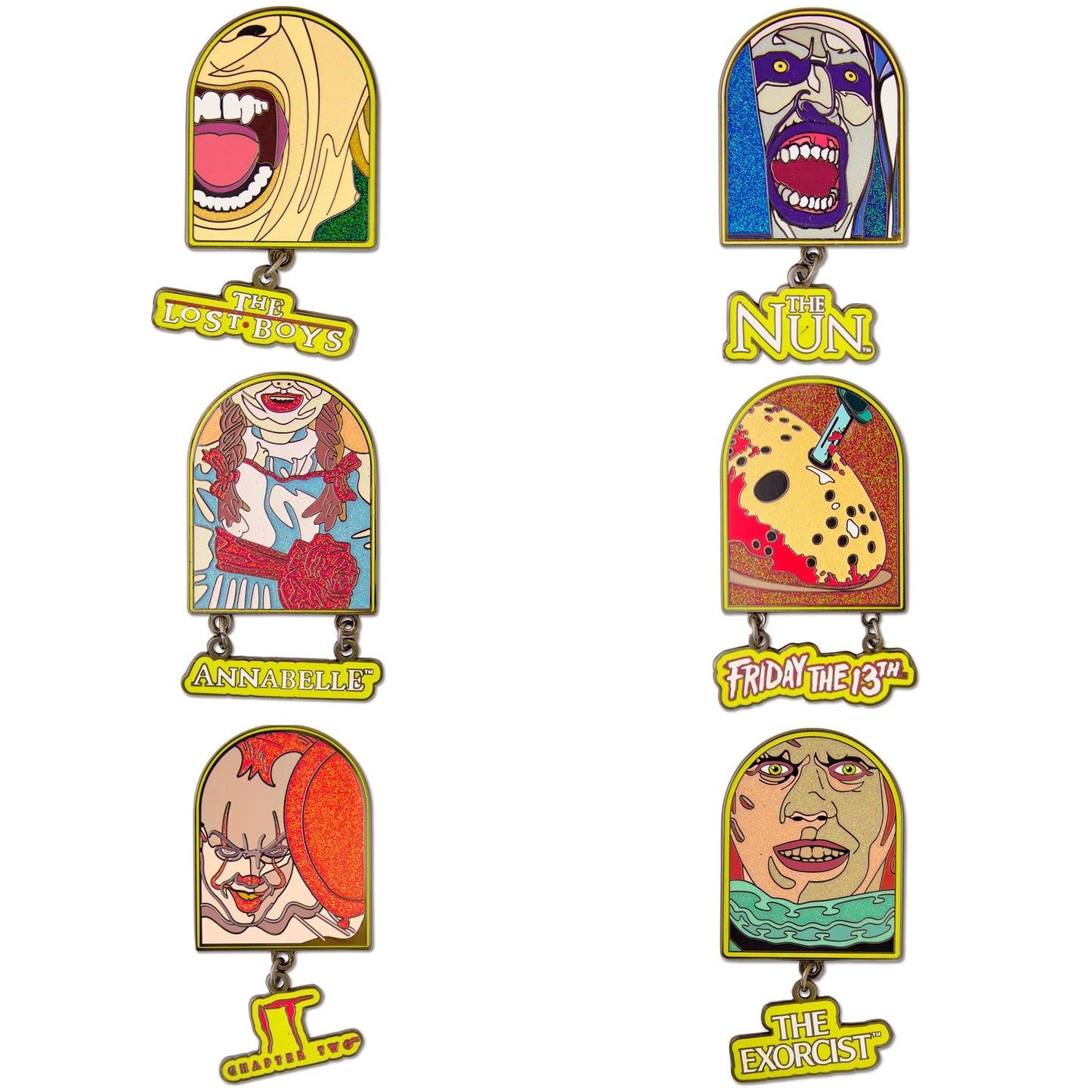 Warner Horror Movie Title Logos Mystery Enamel Pin Blind Box Series, IT Chapter Two, Friday the 13th, The Lost Boys, The Nun, The Exorcist, or Annabelle
