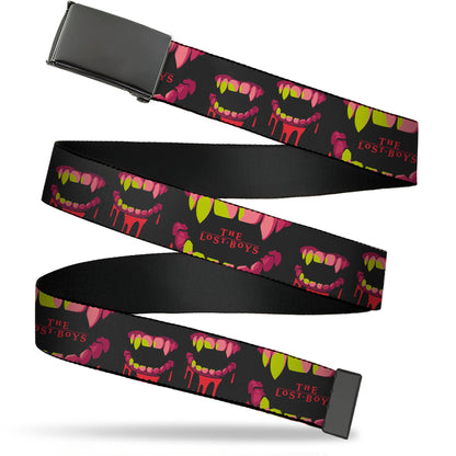 Web Belt Blank Black Buckle - THE LOST BOYS Teeth Fangs Title Logo Collage Black/Reds/Yellows Webbing