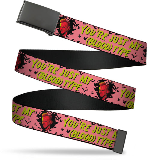 Web Belt Blank Black Buckle - The Lost Boys David Heart Icon YOU'RE JUST MY (BLOOD) TYPE Pink/Yellow Webbing