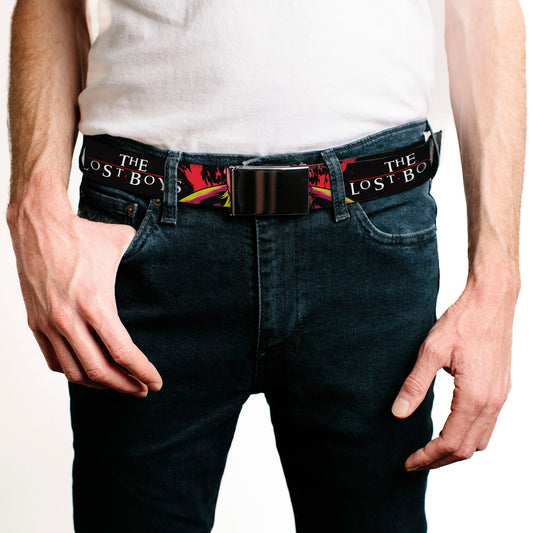 Web Belt Blank Black Buckle - THE LOST BOYS Teeth Fangs Pose Title Logo Black/Reds/Yellows Webbing