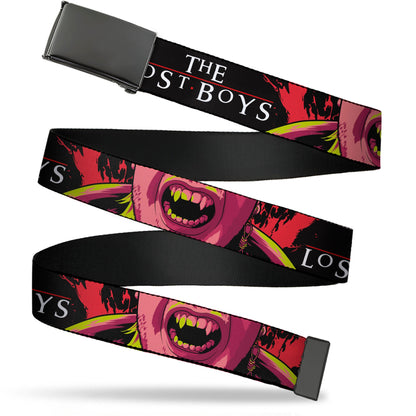 Web Belt Blank Black Buckle - THE LOST BOYS Teeth Fangs Pose Title Logo Black/Reds/Yellows Webbing