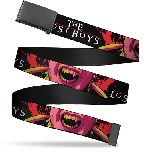 Web Belt Blank Black Buckle - THE LOST BOYS Teeth Fangs Pose Title Logo Black/Reds/Yellows Webbing