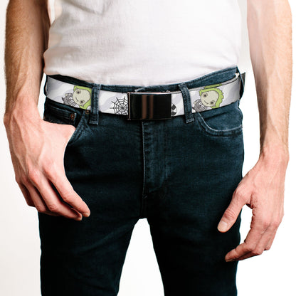 Web Belt Blank Black Buckle - Beetlejuice Chibi Pose and Sandworm Collage White/Gray Webbing
