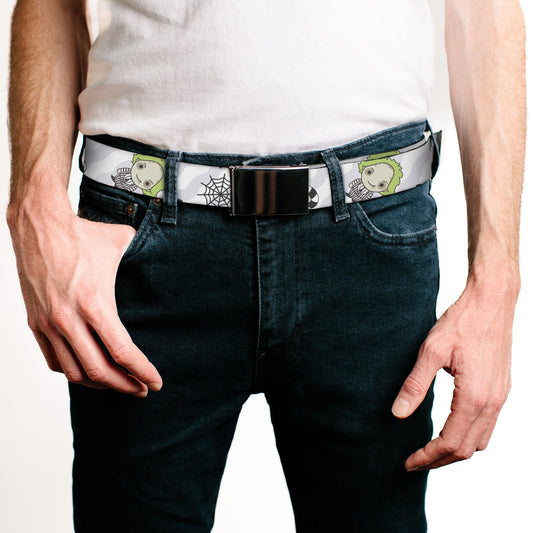 Web Belt Blank Black Buckle - Beetlejuice Chibi Pose and Sandworm Collage White/Gray Webbing