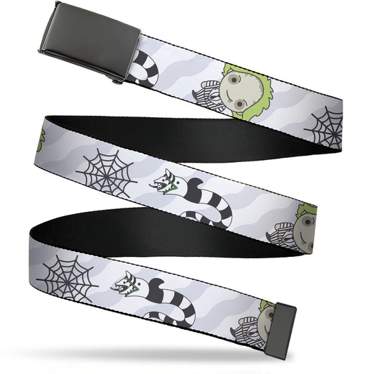 Web Belt Blank Black Buckle - Beetlejuice Chibi Pose and Sandworm Collage White/Gray Webbing