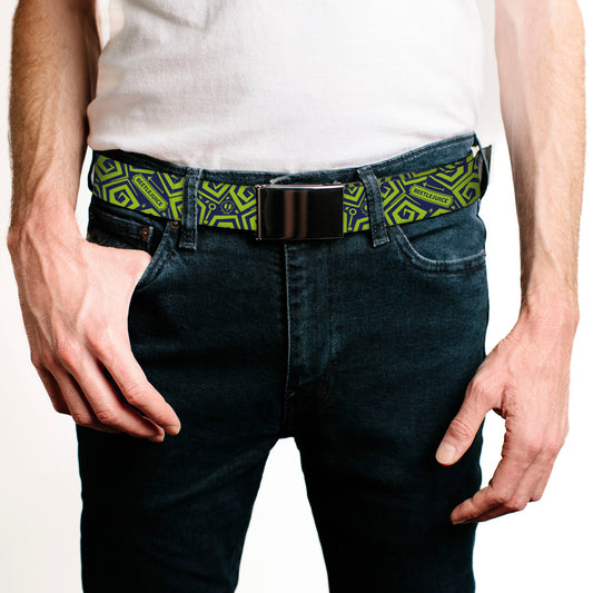 Web Belt Blank Black Buckle - Beetlejuice Title and Icons Collage Blue/Green Webbing