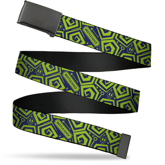 Web Belt Blank Black Buckle - Beetlejuice Title and Icons Collage Blue/Green Webbing