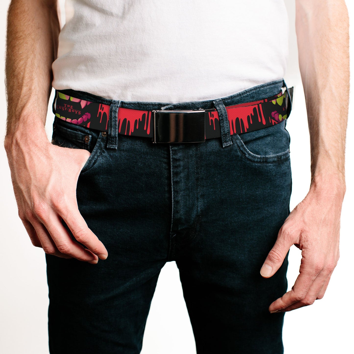 Web Belt Blank Black Buckle - THE LOST BOYS Teeth Fangs Close-Up Title Logo Black/Reds/Yellows Webbing