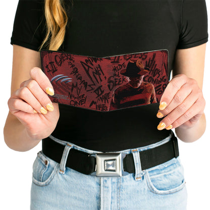 Bi-Fold Wallet - Freddy Pose2 + Hand Scratching Quote Scrawls Reds Black