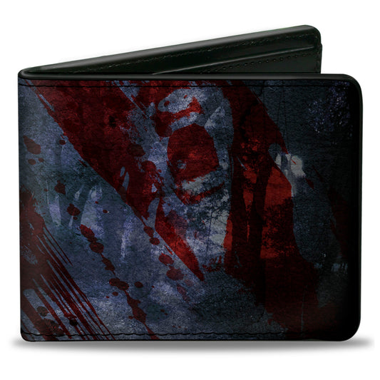 Bi-Fold Wallet - FRIDAY THE 13th Logo Jason Machete Pose Blood Splatter Grays Reds Black