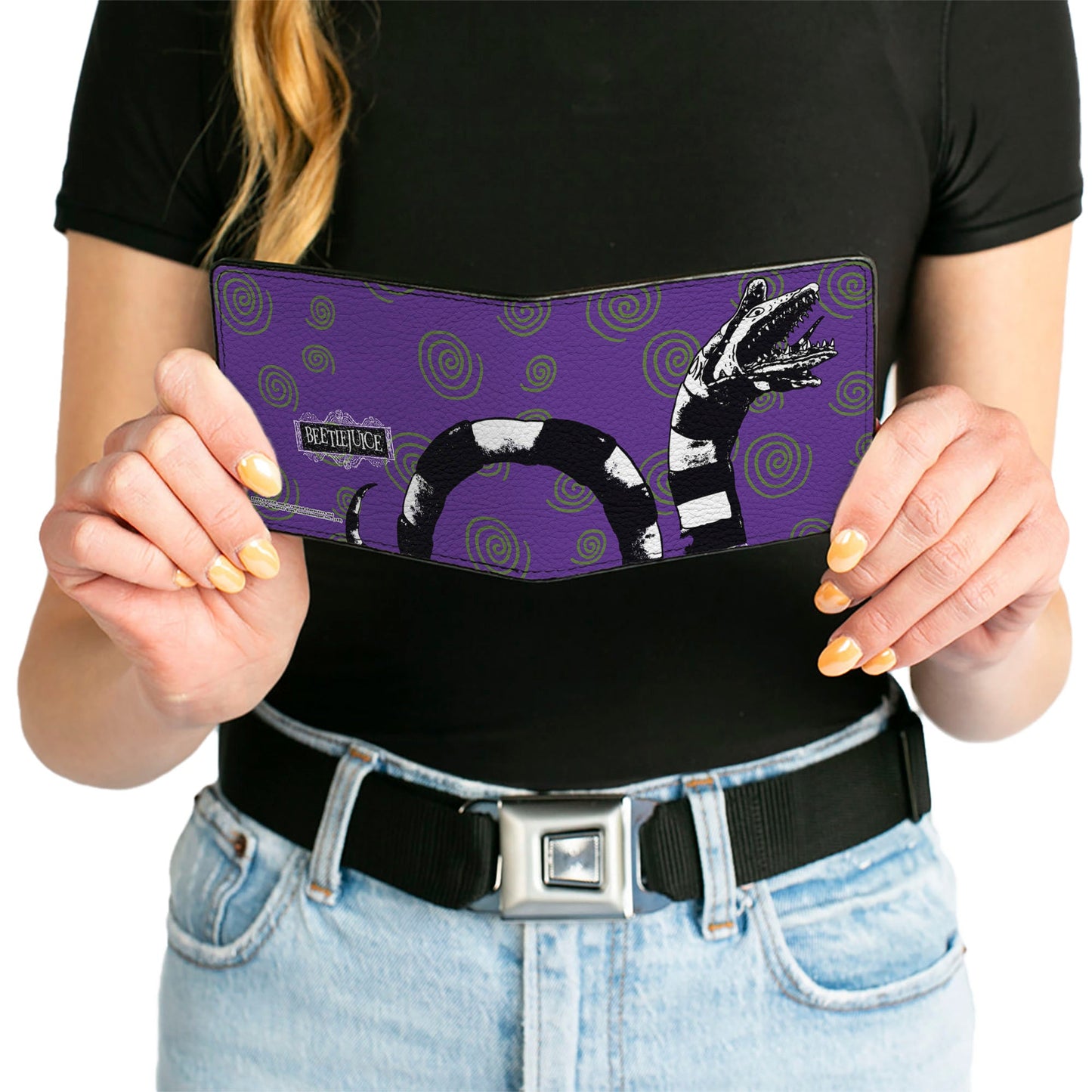 Bi-Fold Wallet - Beetlejuice Sandworm Swirls + Logo Purple Green Black White