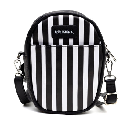 Horror Movies Vegan Leather Cross Body Bag with Adjustable Strap, Beetlejuice Smiling Chibi Face Applique, Stripe Black White, 7" x 8"