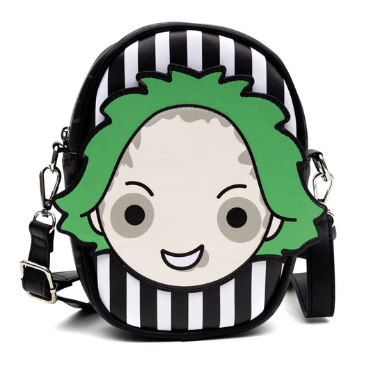 Horror Movies Vegan Leather Cross Body Bag with Adjustable Strap, Beetlejuice Smiling Chibi Face Applique, Stripe Black White, 7" x 8"