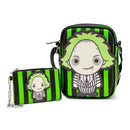 Warner Bros. Horror Movies Bag and Wallet Combo, Chibi Beetlejuice Pose with Stripe Green Black, Vegan Leather