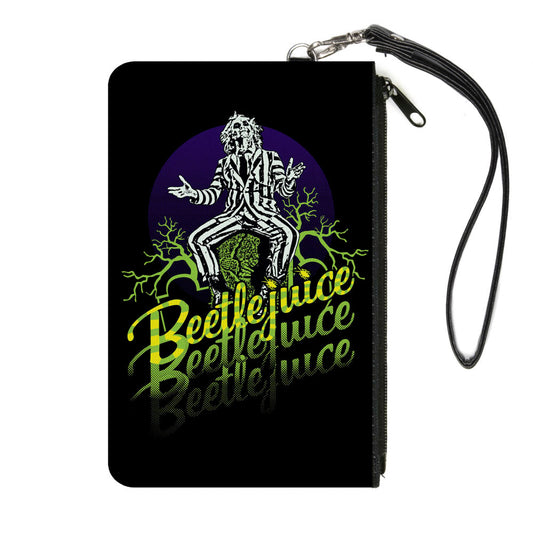Canvas Zipper Wallet - SMALL - BEETLEJUICE Sitting on Tombstone Pose Trees Black Purple Green Yellow
